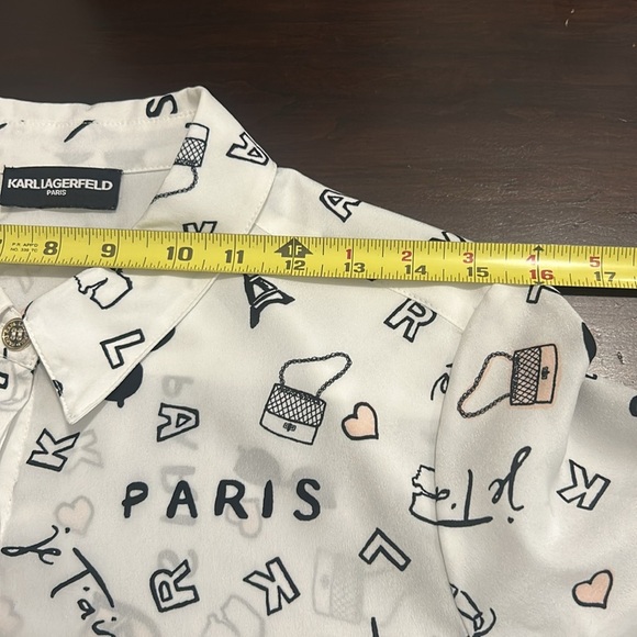 Karl Lagerfeld French Streets Roll Sleeve Button Down Blouse White & Black Sz M - Picture 16 of 17
